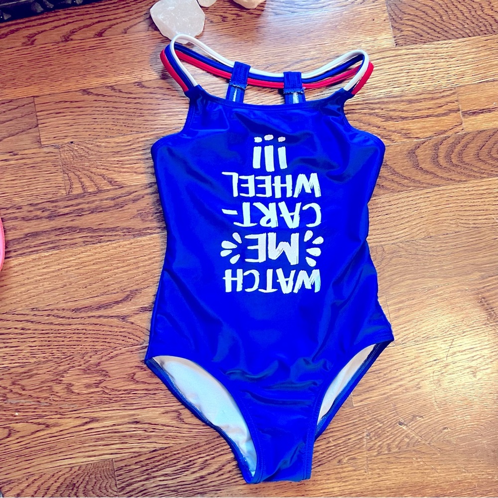 Cat & Jack Girls One Piece Bathing Suit “Watch Me Do a Cartwheel” Red Wht & Blue